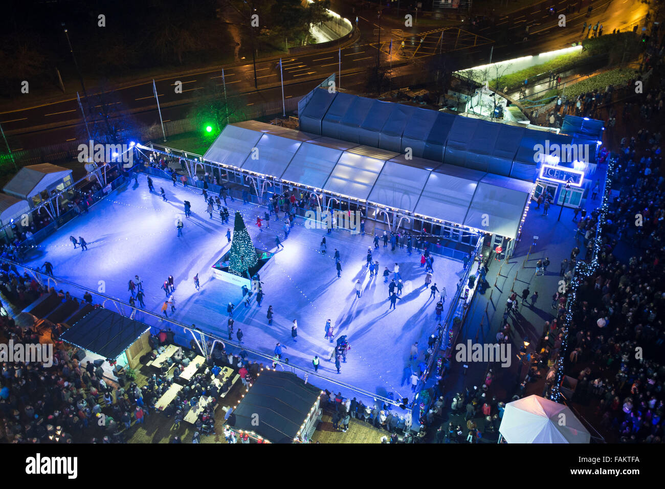 Aerial view of Winter Wonderland in at Christmas in Cardiff, South Wales. Stock Photo
