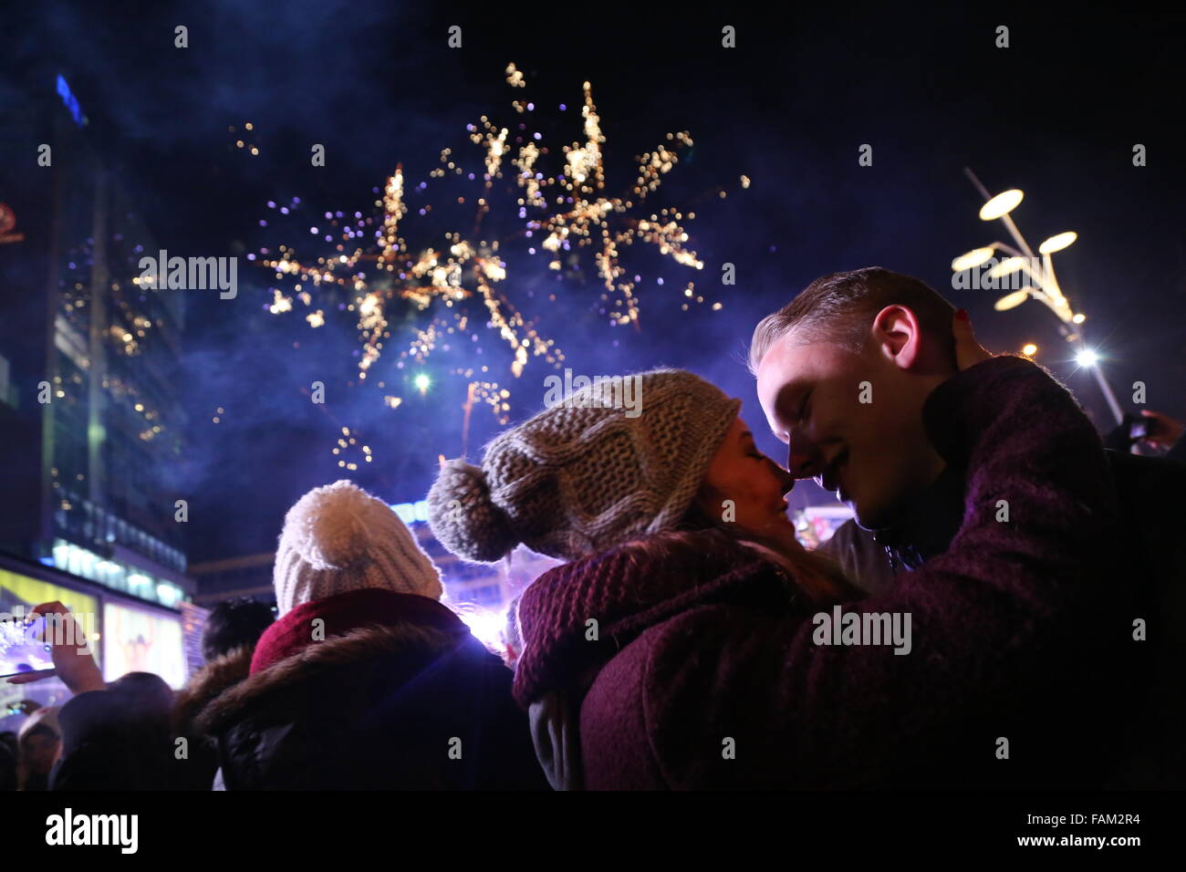 Sarajevo, Bosnia-Herzegovina. 31st Dec, 2015. People attend a concert to celebrate the New Year at the BBI Square in central Sarajevo, Bosnia-Herzegovina, Dec. 31, 2015. Sarajevo residents and tourists traditionally welcome the New Year on the streets of the city. Credit:  Haris Memija/Xinhua/Alamy Live News Stock Photo