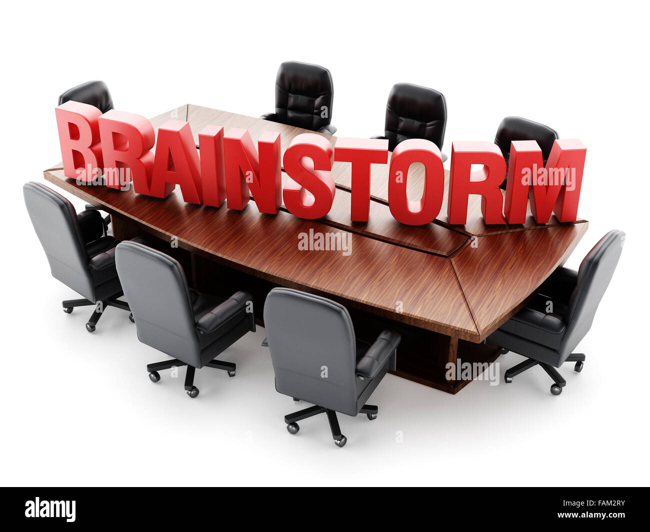 Boardroom table with red brainstorm text isolated on white background Stock Photo