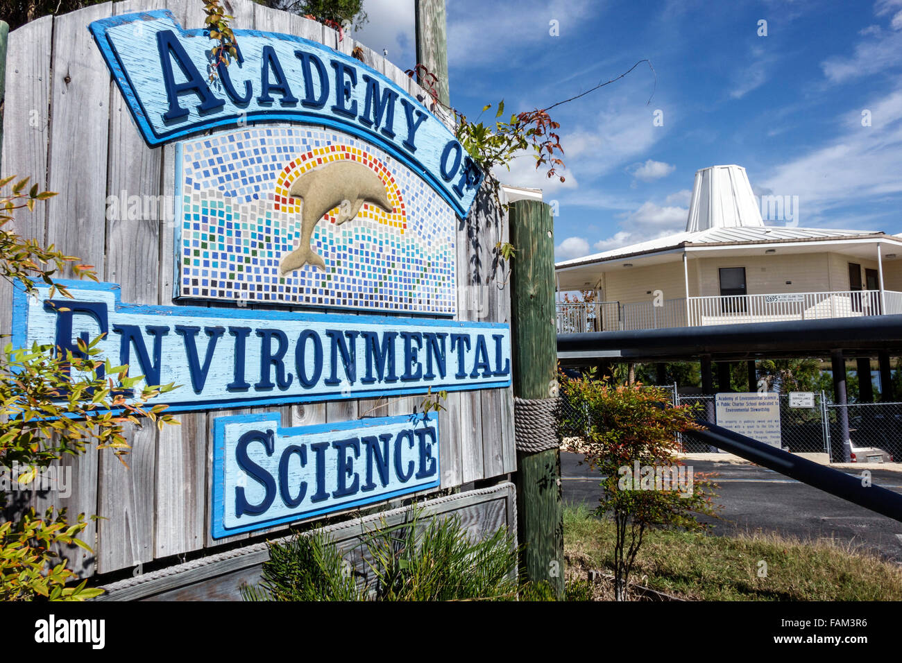 Florida Crystal River water,Fort Island,Academy of Environmental Science,sign,entrance,high school,public charter school,visitors travel traveling tou Stock Photo