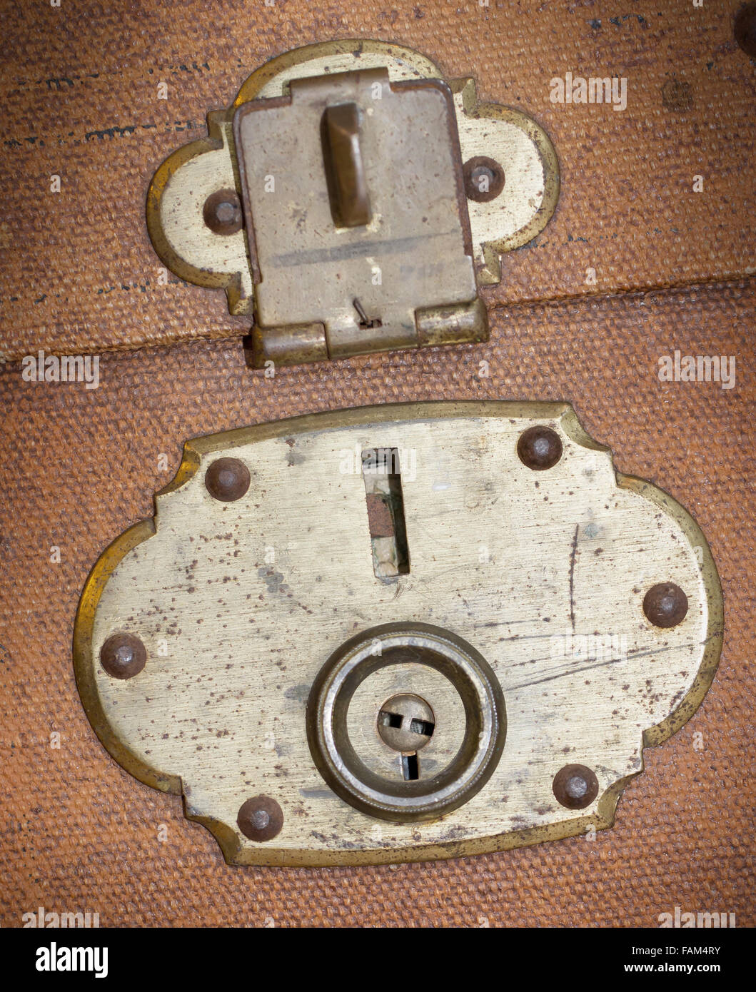 Old canvas trunk lock close up, vintage Stock Photo