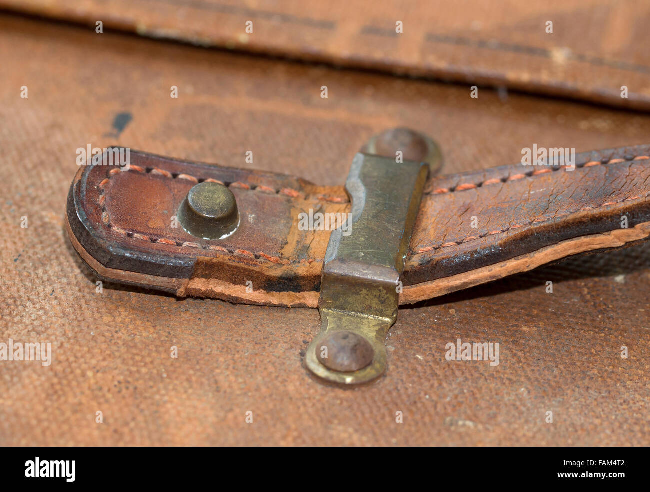 Old canvas trunk handle close up, vintage Stock Photo