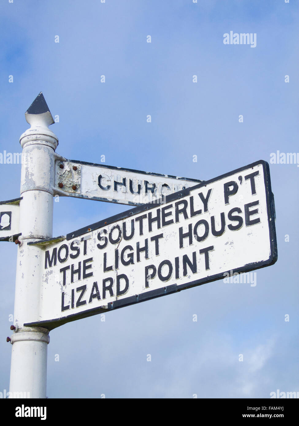 Signpost for the Lizard Point the Most Southerly UK Mainland Point, Lizard Village, Lizard Peninsula, Cornwall, England, UK Stock Photo