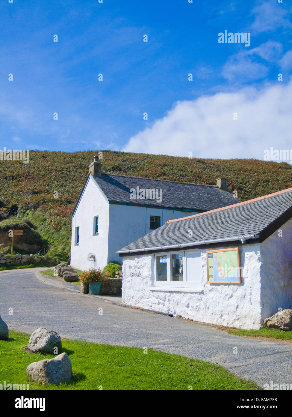 Porthgwarra Village Cove Cafe ( foreground building ), South West Cornwall, England, UK in Summer Stock Photo