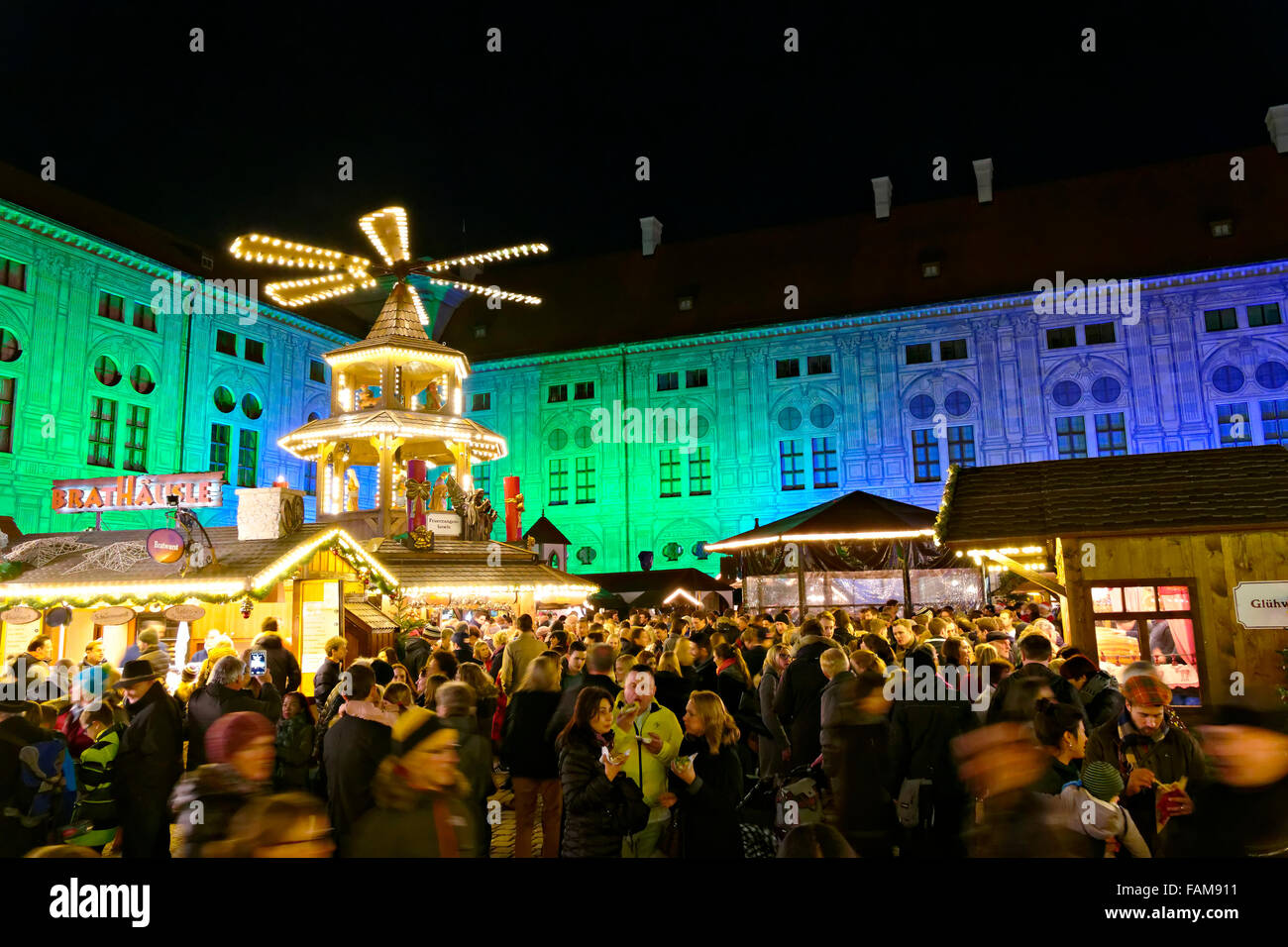 German Christmas markets in illuminated  Residence,  Munich, Upper Bavaria, Germany, Europe. Stock Photo