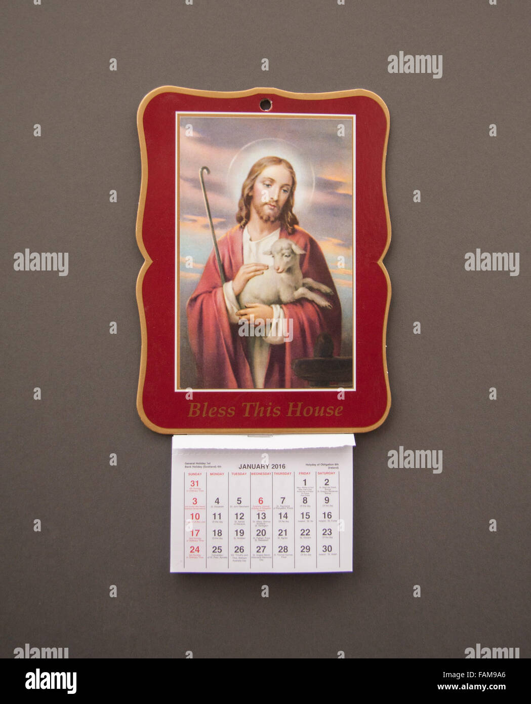 2016 calendar depicting holy picture of Jesus holding a lamb Stock Photo
