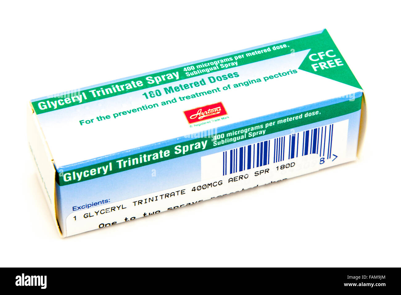 Glyceryl Trinitrate spray GTN Angina chest pain treatment treat box medical medicine medicines mg oral pack packs pharmaceutical Stock Photo