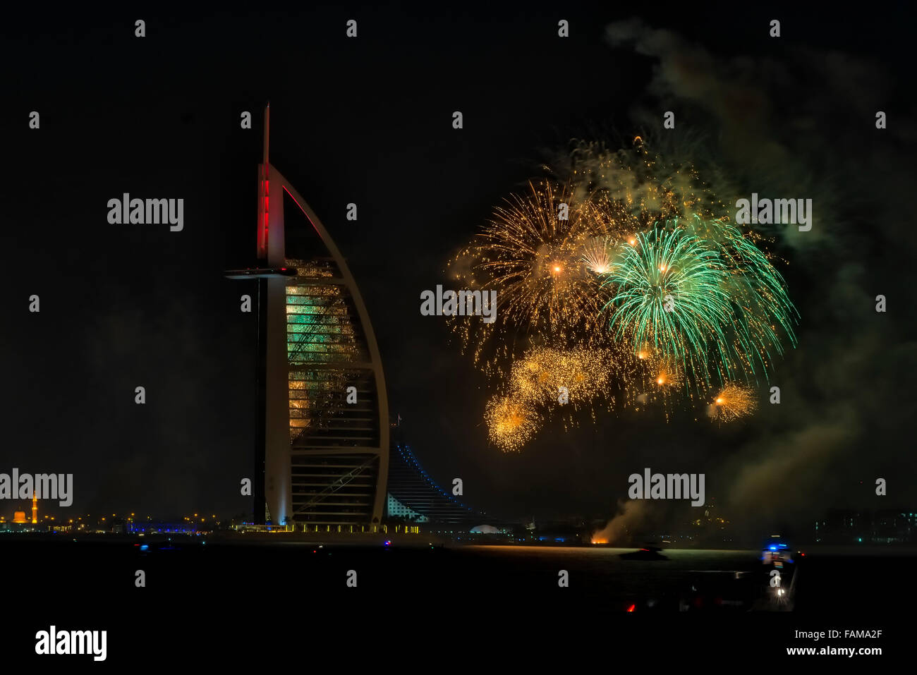New Year 2015 Fireworks in Dubai, UAE Stock Photo