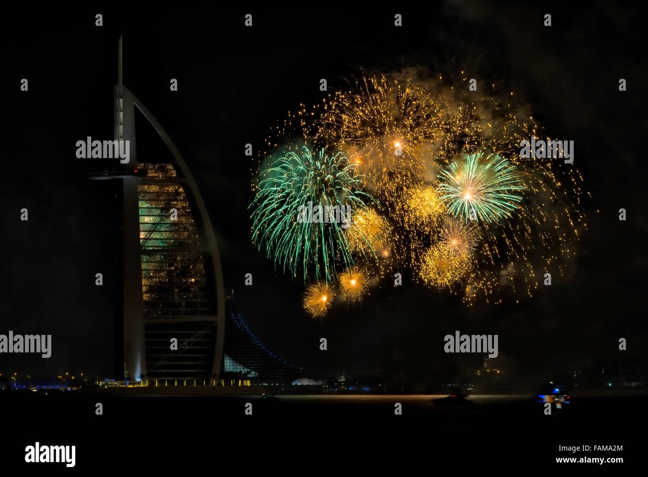 New Year 2015 Fireworks in Dubai, UAE Stock Photo