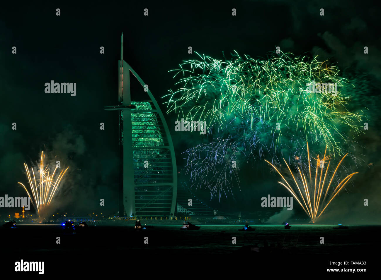 New Year 2015 Fireworks in Dubai, UAE Stock Photo