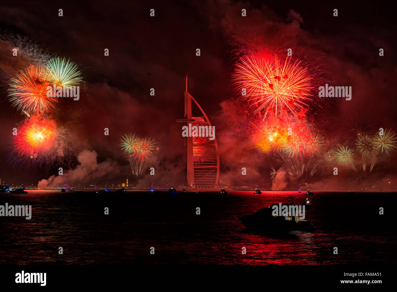 New Year 2015 Fireworks in Dubai, UAE Stock Photo