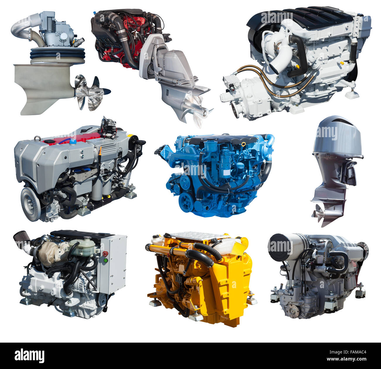 Speed Boat Engine Componets Set of engines of speedboat. Isolated over white background Stock Photo ...