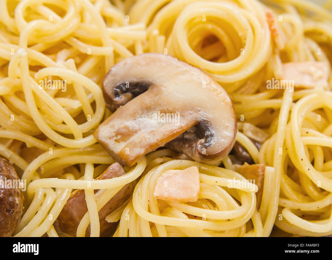 Spaghetti carbonara with mushroom, macro, soft focus as background