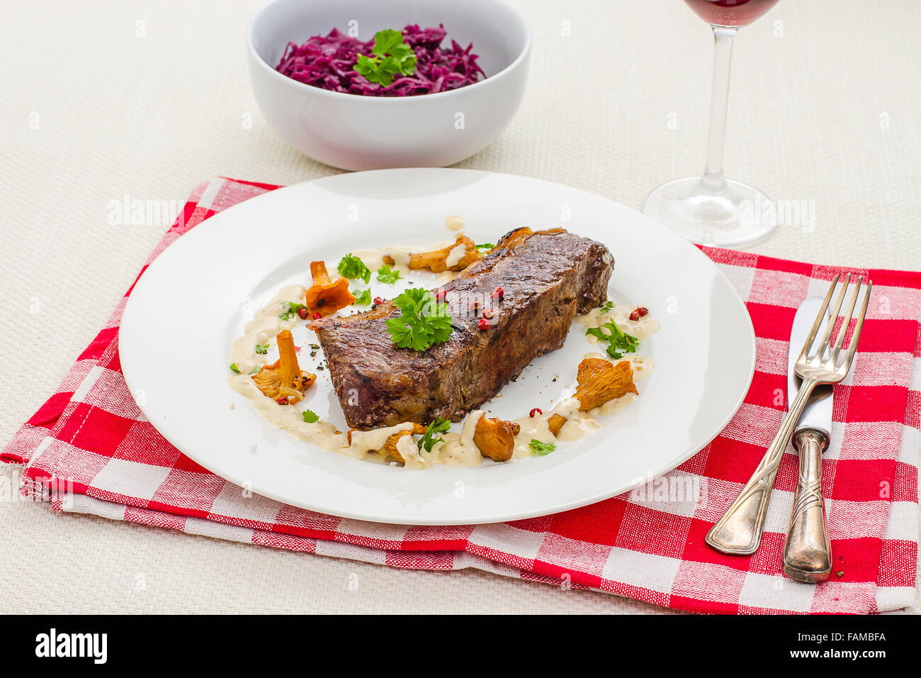 Grilled rump steak with chanterelle mushrooms and cream sauce Stock