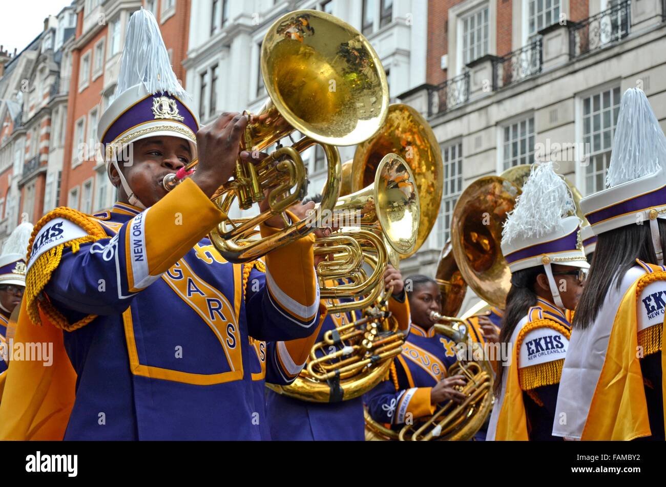 London, UK. 1st January, 2016. News Years Day Parade from Piccadilly to Parliament Square. New Orleans marching band Credit:  PjrNews/Alamy Live News Stock Photo