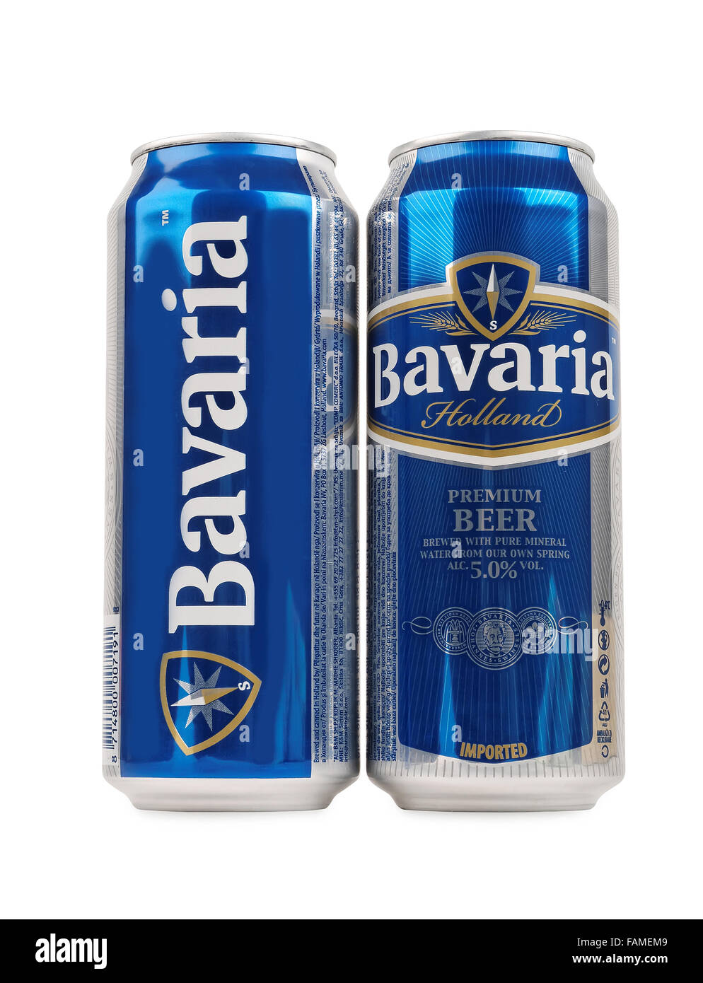 Two cans of Bavaria Beer. Bavaria is the second largest brewery in the Netherlands. Stock Photo