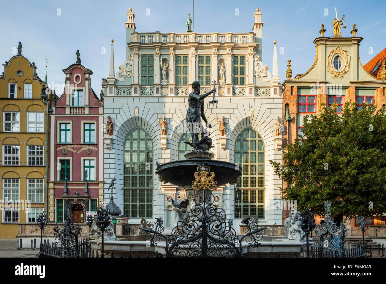 Neptune's statue and fountain in front of Artus Manor in Gdansk old town, Poland. Stock Photo