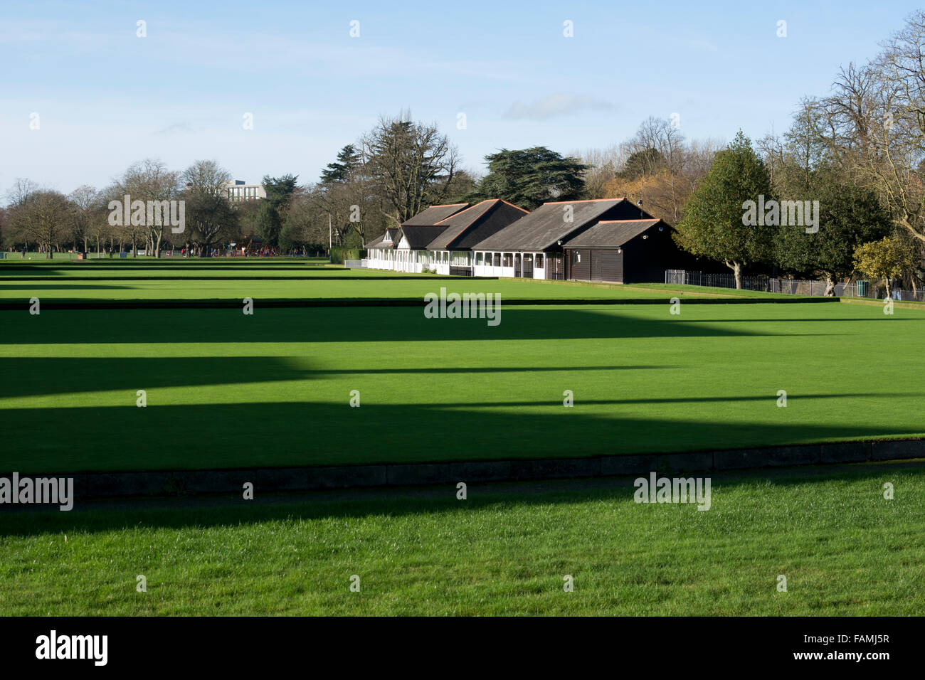 Victoria Park bowling greens in winter, Leamington Spa, UK Stock Photo