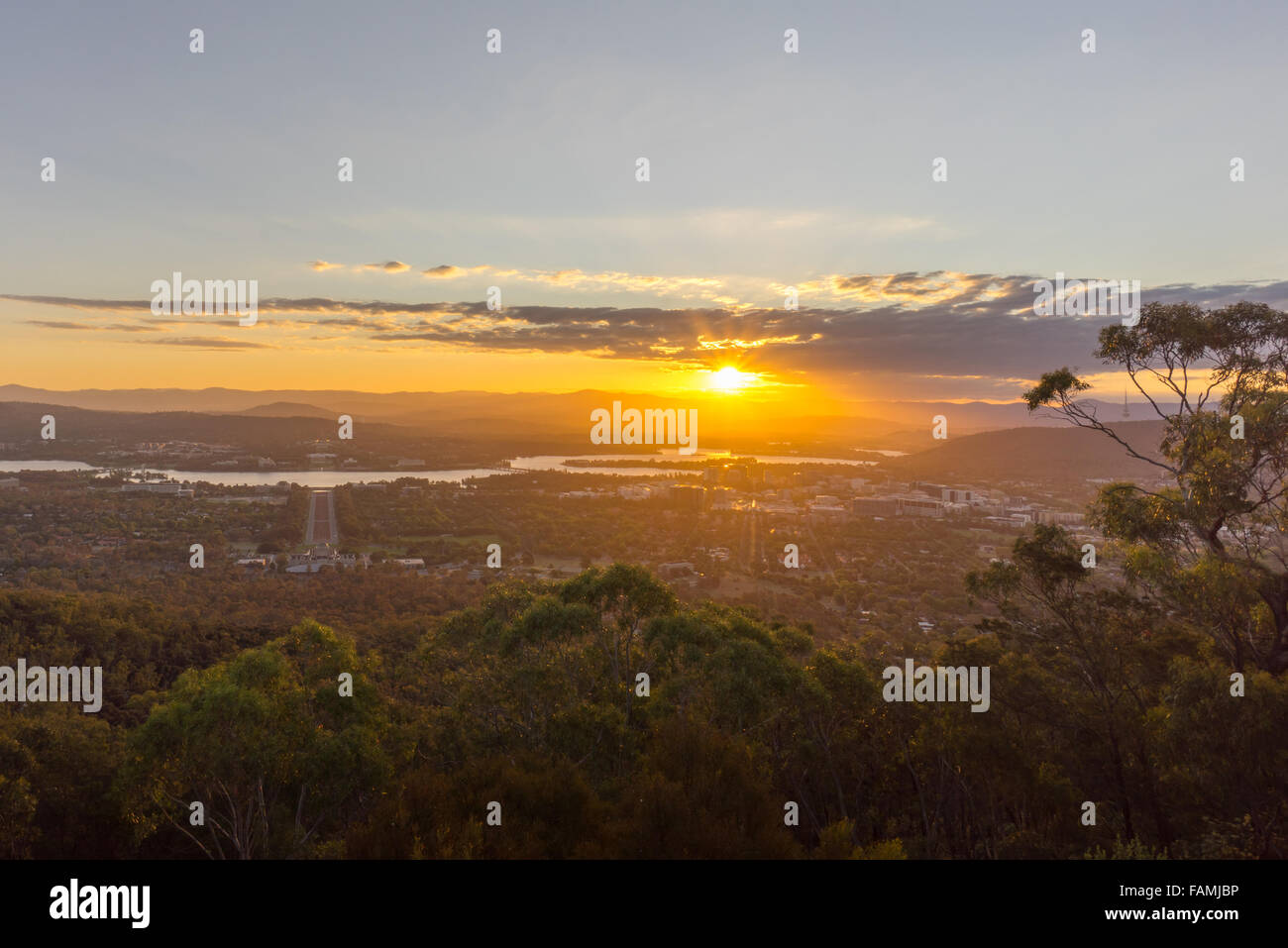 Beautiful sunset at Canberra city view from Mount Ainslie Lookout point. Stock Photo
