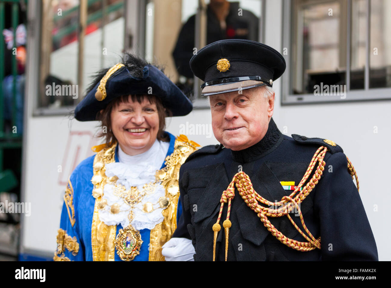 London, UK. 1st January, 2016. Councillor Christabel The Lady Flight, The Lord Mayor of the City of Westminster (l) with Roger Bramble DL, LNYDP Principal Patron (r), at the 30th annual London's New Year's Day Parade, LNYDP 2016. The parade has more than 8,500 performers representing 20 countries world-wide. Credit:  Imageplotter/Alamy Live News Stock Photo