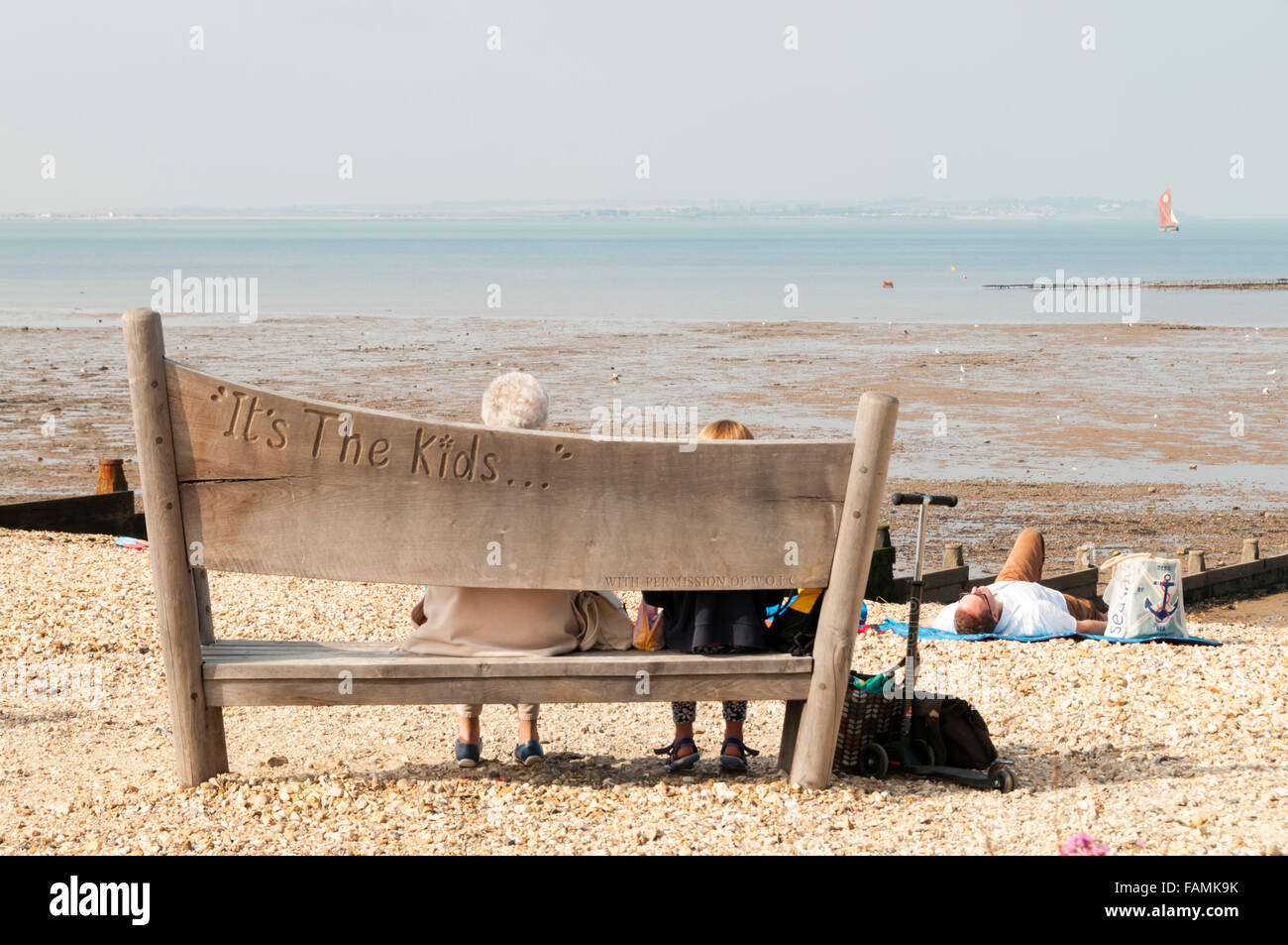 The Brian Haw memorial peace bench on the beach at Whitstable in Kent. Stock Photo