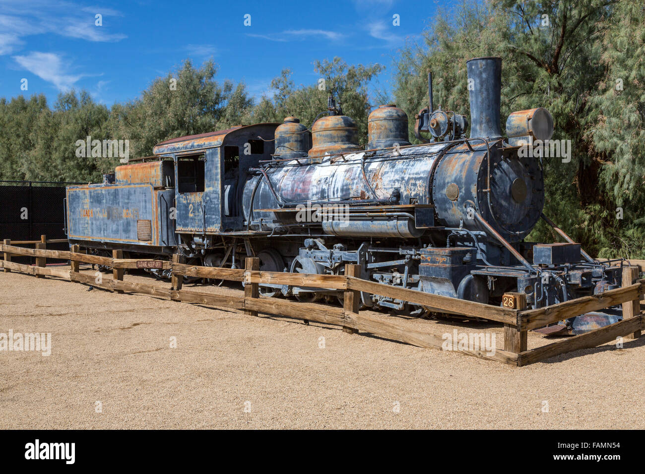 Death Valley, California.  Old locomotive at Furnace Creek Museum. Stock Photo
