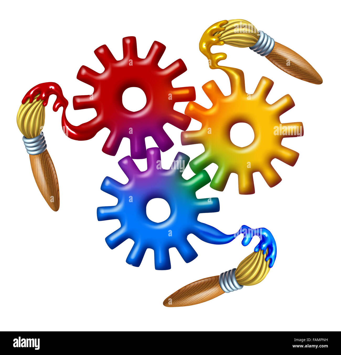 Art business symbol and color theory icon as a group of gears and cog wheels made of wet primary color paint with artist or painter brushes as a design industry metaphor. Stock Photo