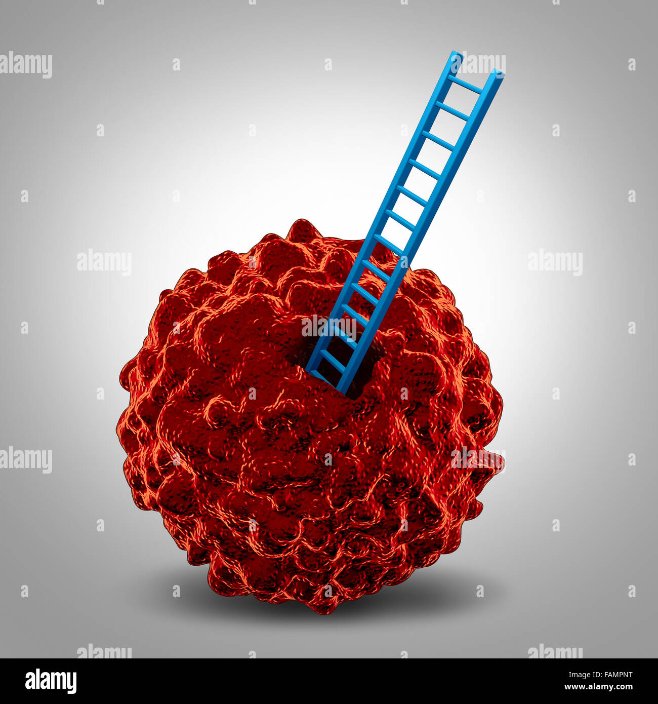 Cancer research symbol as a cancerous malignant cell with a ladder going in as a metaphor for a close microscopic medical examination and finding a cure icon. Stock Photo
