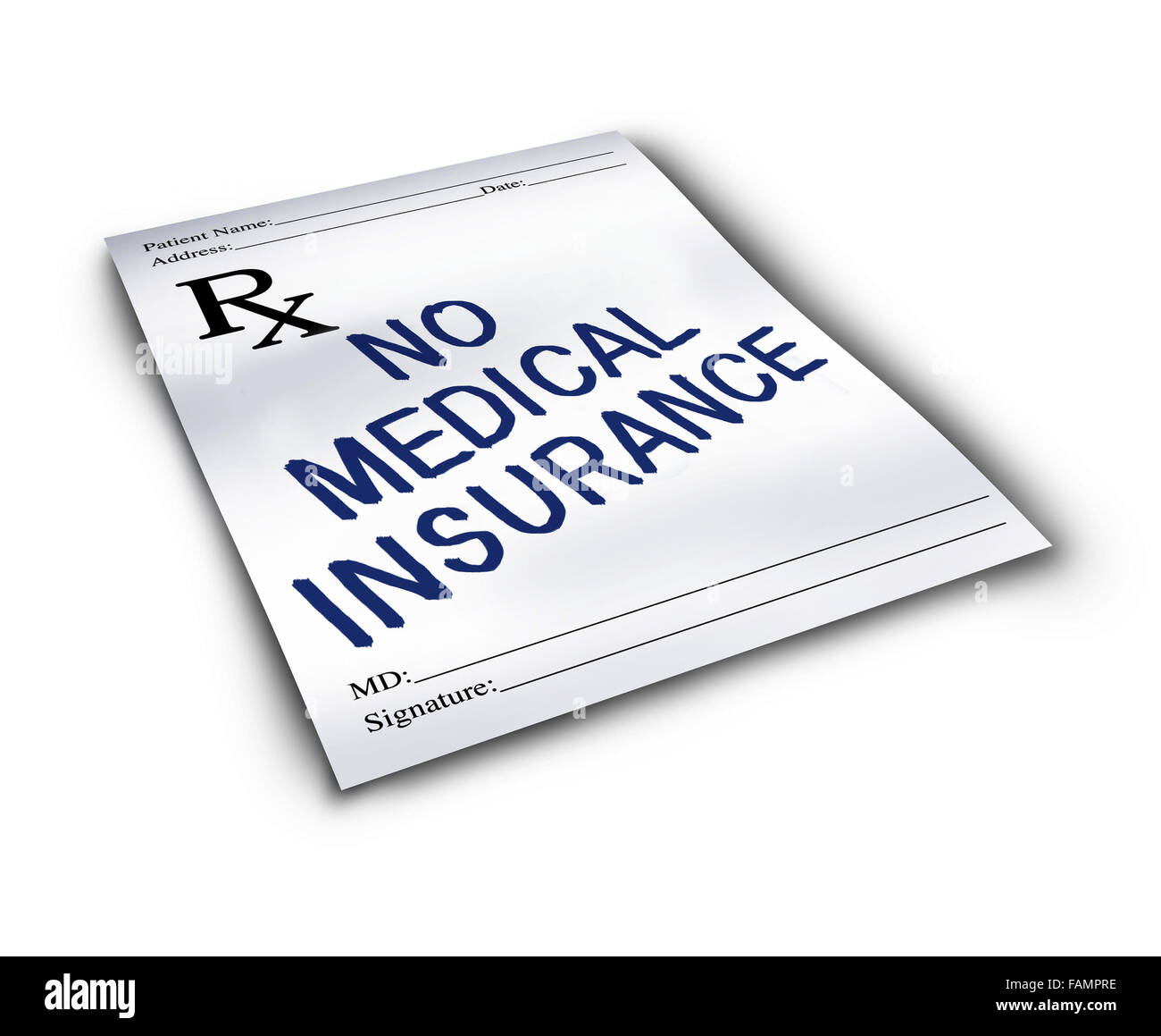 No medical insurance symbol and two tier health care system concept as a doctor prescription drug note with text representing the challenge of medicine affordability. Stock Photo