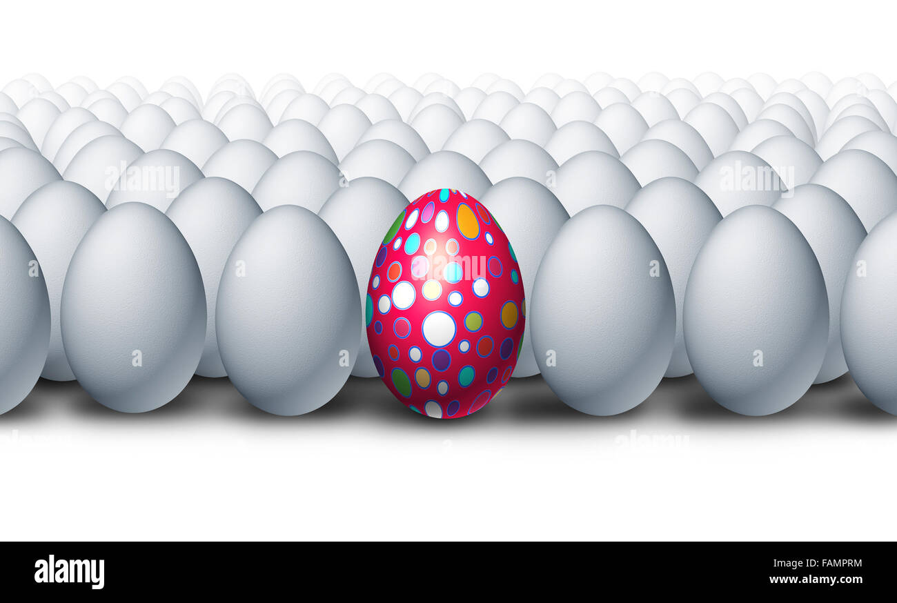 Special decorated egg standing out as a a creative outstanding individual from a group of ordinary white eggs as an Easter celebration symbol for a spring festive tradition. Stock Photo