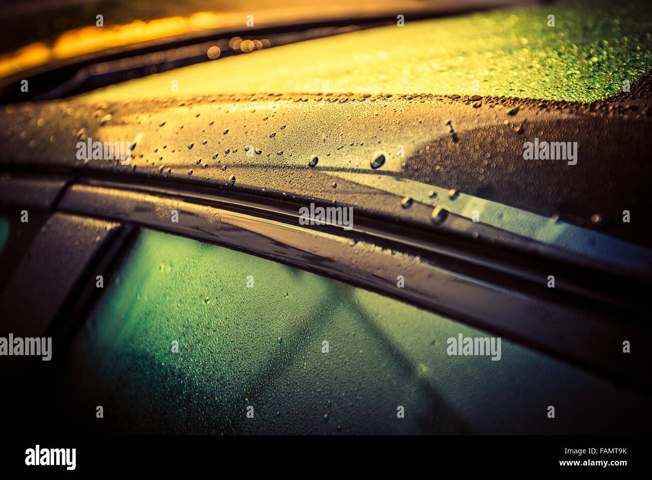 Car Body Waxing. Body Paint Erosion by Water. Car Body After Rain