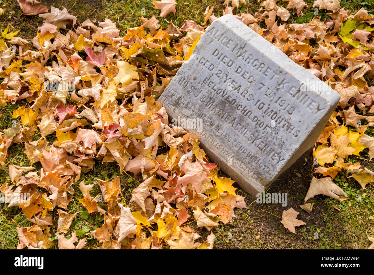 MONTREAL, CANADA, OCTOBER 24 2015. Graves in Mount Royal Cemetery with colorful autumn trees. Stock Photo