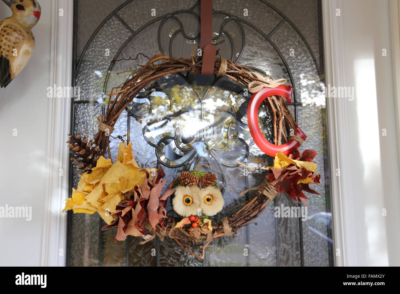 Autumn decoration on the door Stock Photo