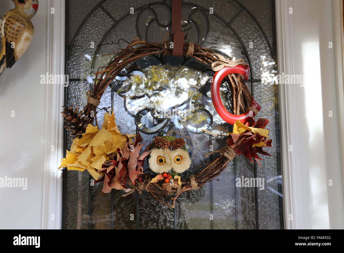 Autumn decoration on the door Stock Photo