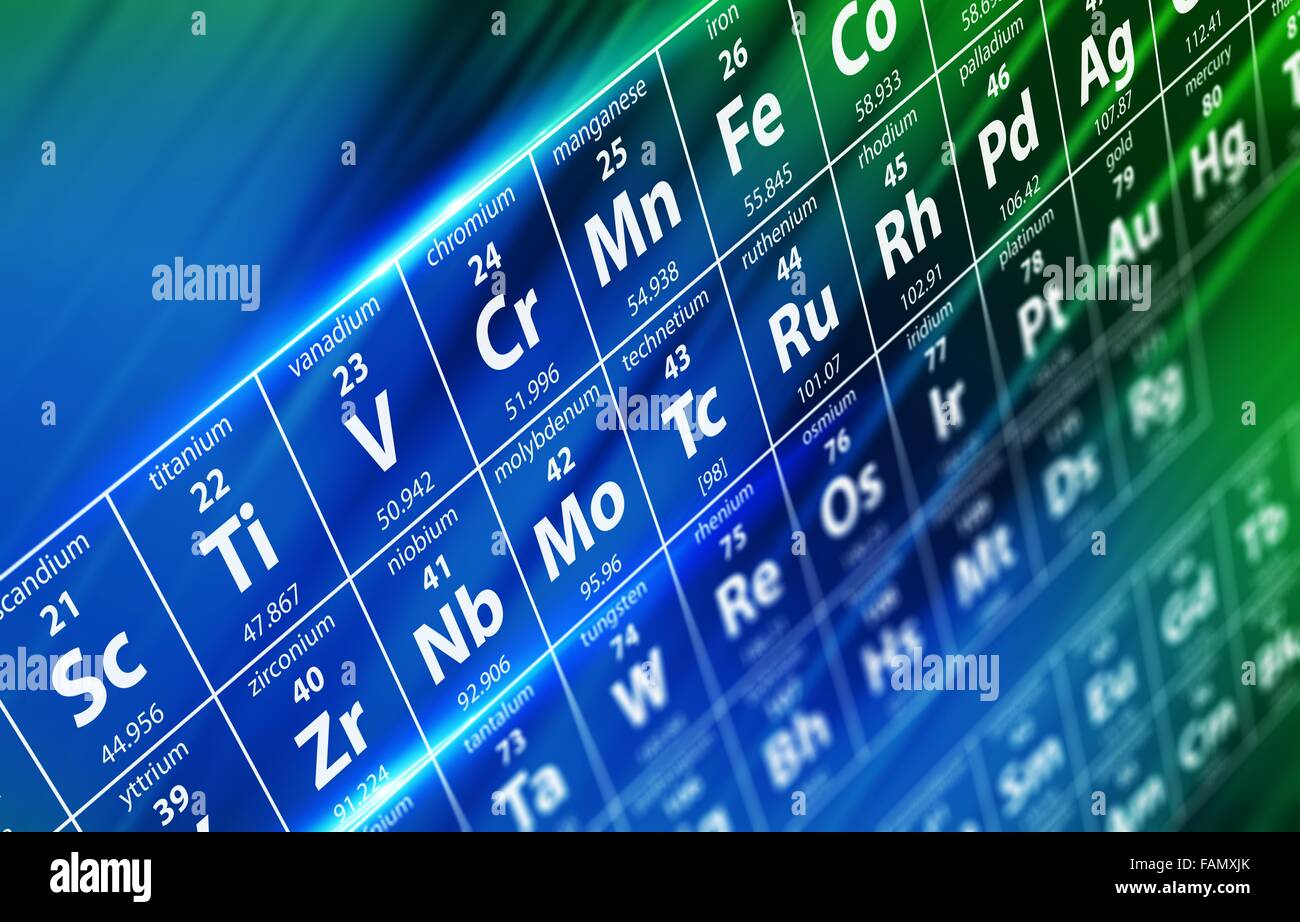 Periodic Table of Elements Concept Illustration with Depth of Field. Chemistry and Science Conceptual Illustration. Stock Photo