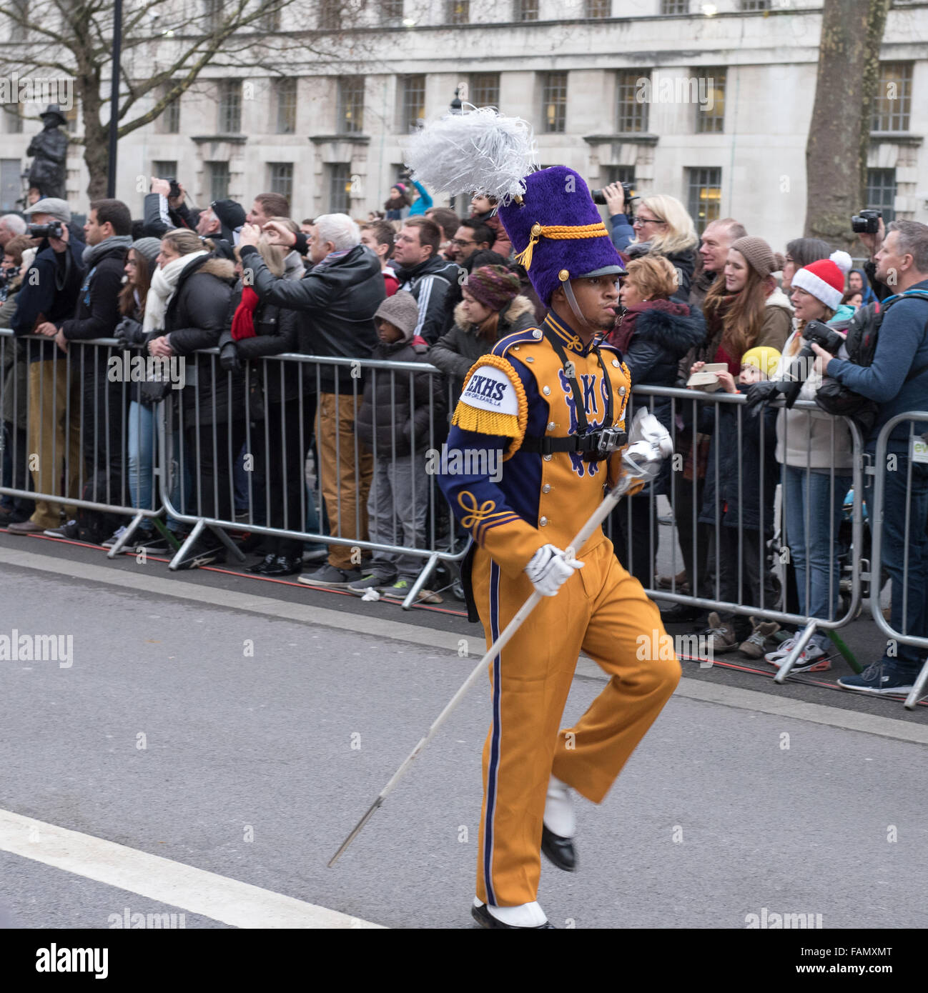 London, UK. 1st January, 2016. Marching Cougher's Marching Band at the New Year's Parade, London Credit:  Ian Davidson/Alamy Live News Stock Photo