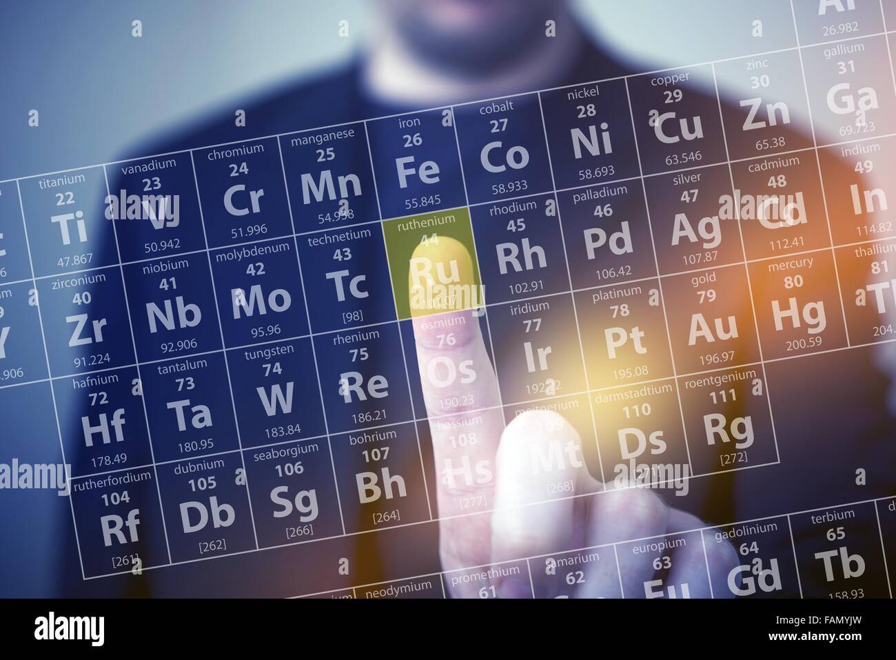 Periodic Table Elements Touch. Periodic Table Chemical Concept with Men Touching Some Element by His Finger. Stock Photo