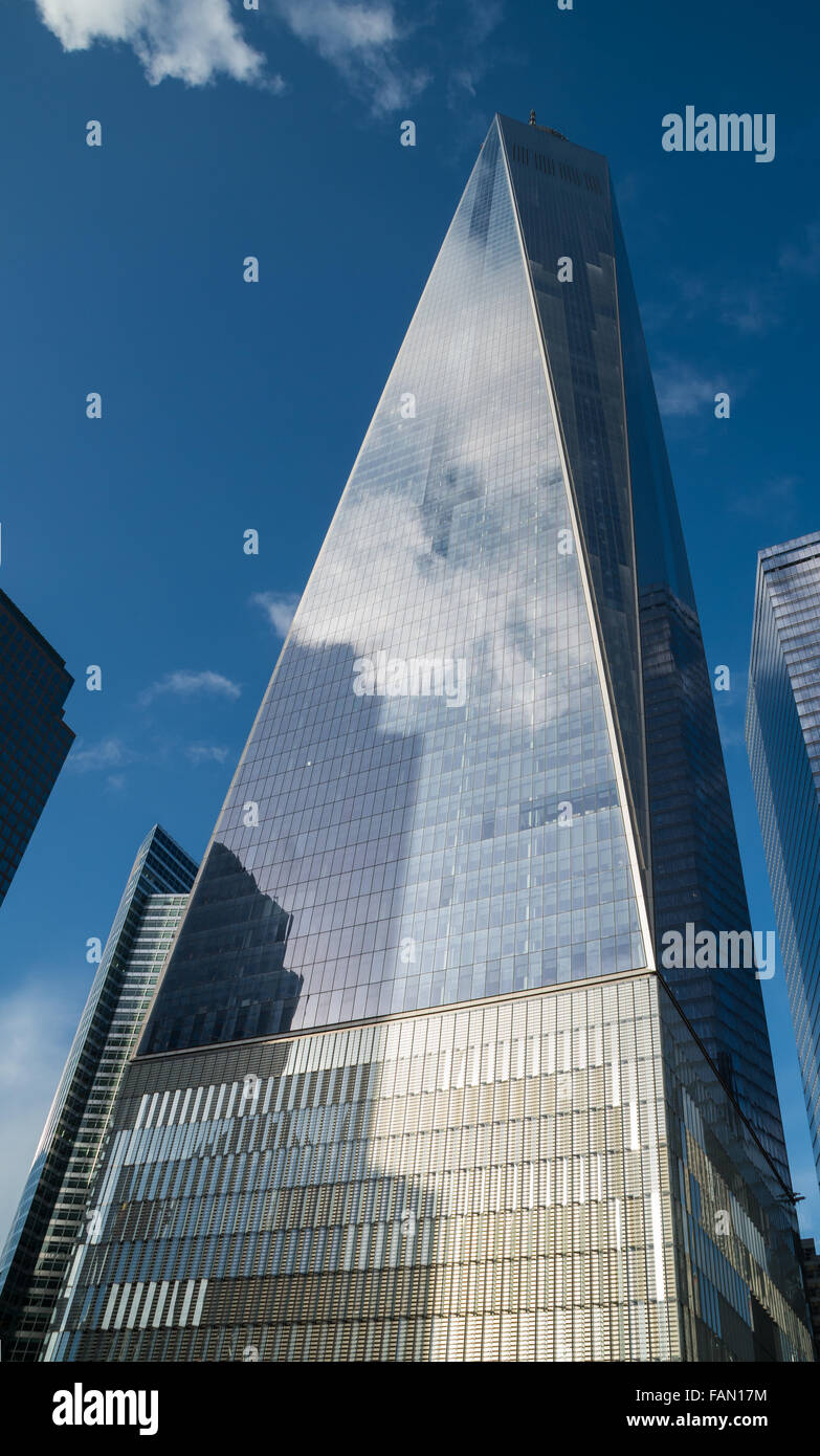One World Trade Center, the Freedom Tower, as shot from below looking upwards towards a blue sky. New York City. Stock Photo
