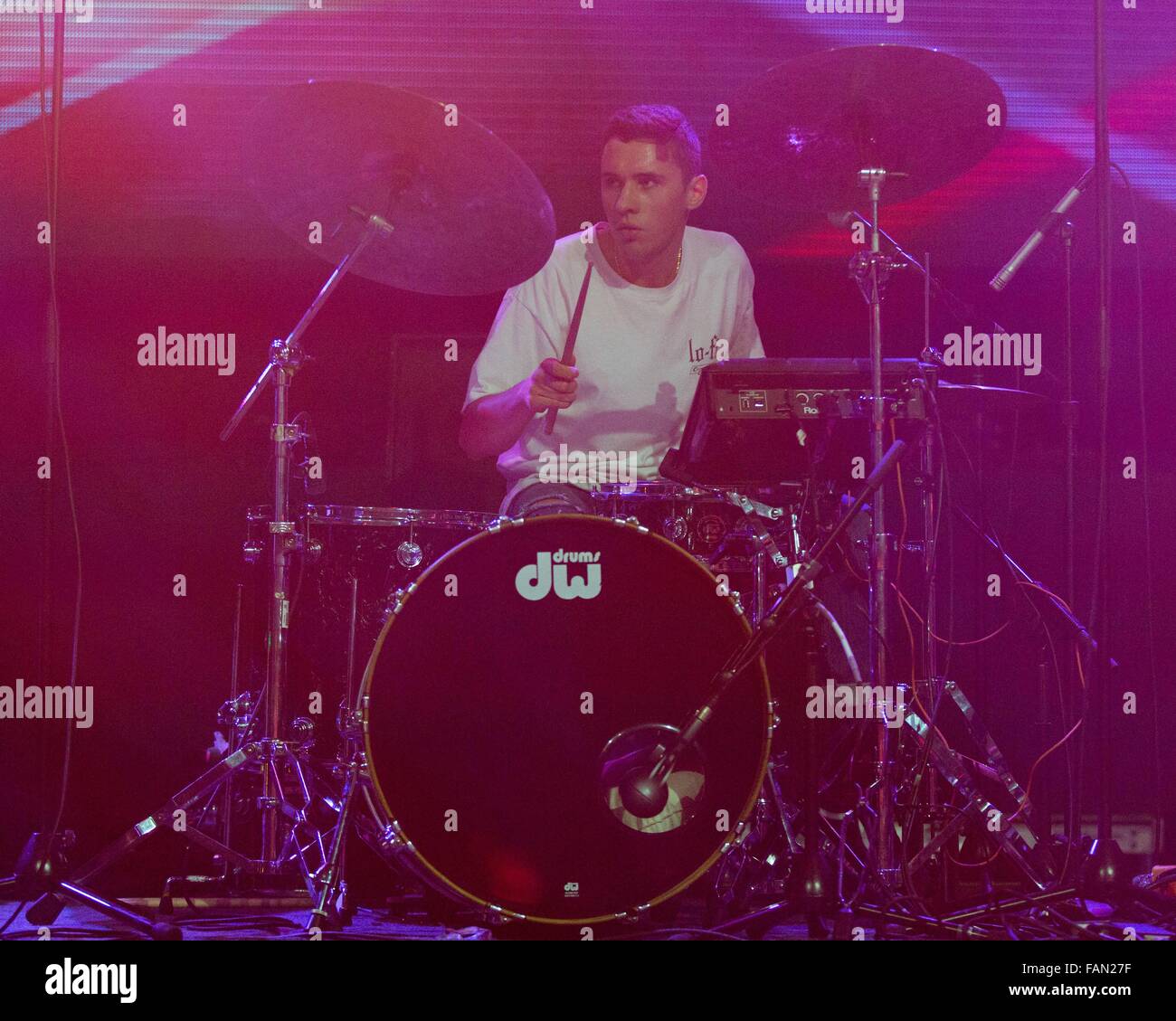 Rosemont, Illinois, USA. 31st Dec, 2015. Drummer ALEXANDER SOWINSKI of BadBadNotGood performs live during the Reaction New Years Eve show at Donald E. Stephens Convention Center in Rosemont, Illinois © Daniel DeSlover/ZUMA Wire/Alamy Live News Stock Photo