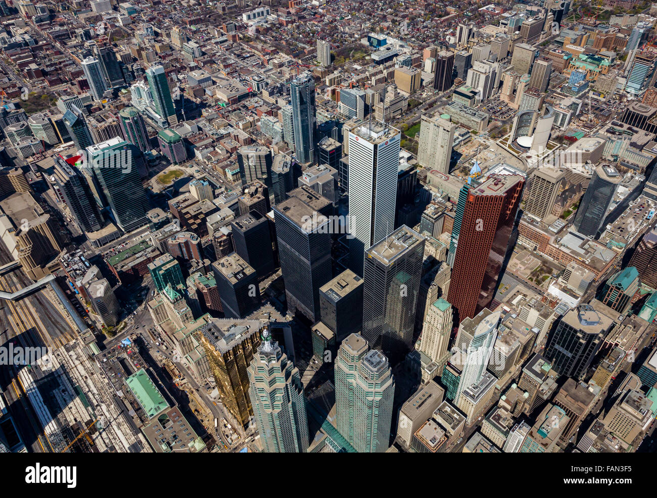 Birds eye Aerial view of downtown Toronto business financial district. Looking north west. Stock Photo