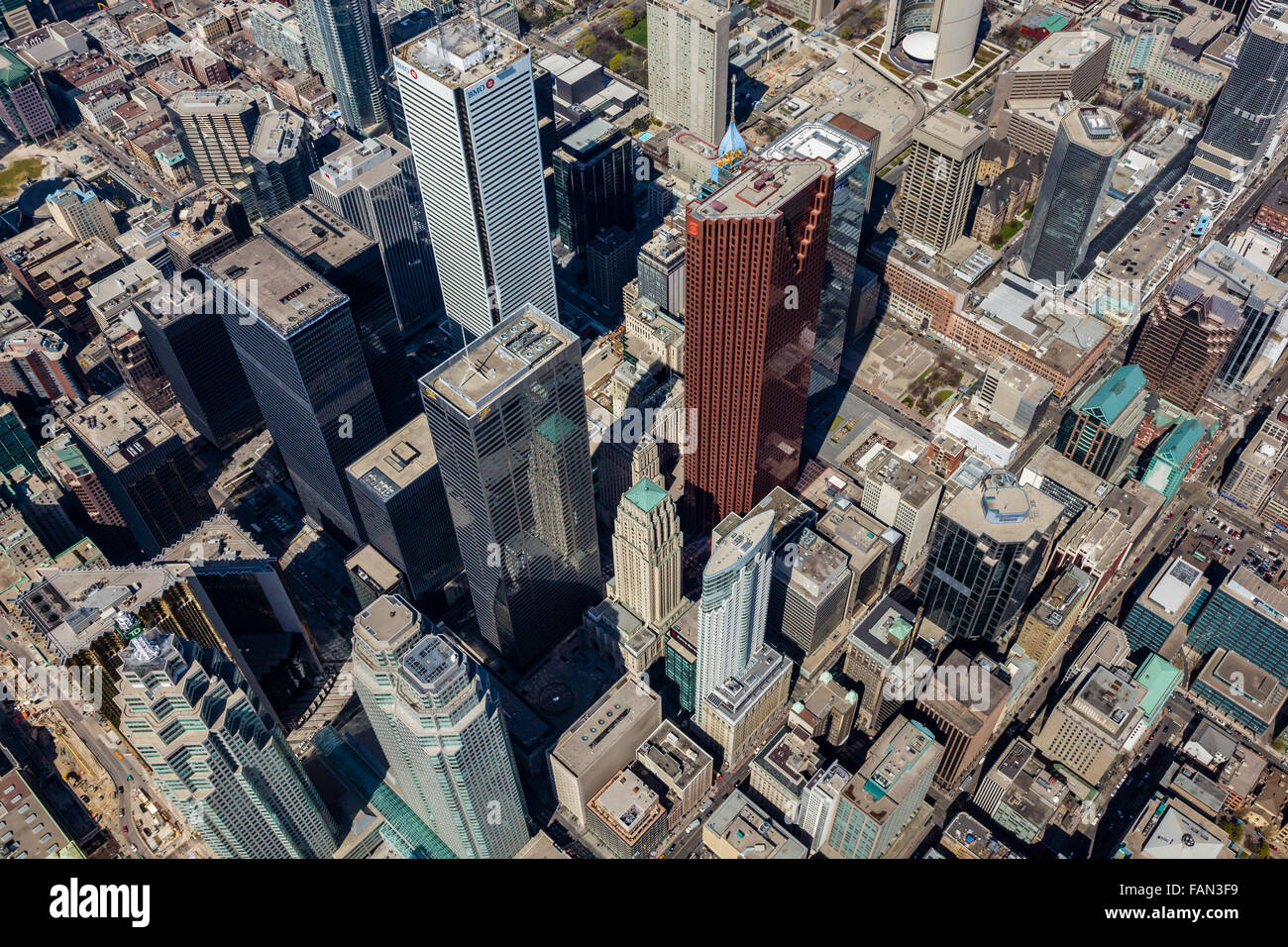 Birds eye Aerial view of downtown Toronto business financial district. Looking north west. Stock Photo