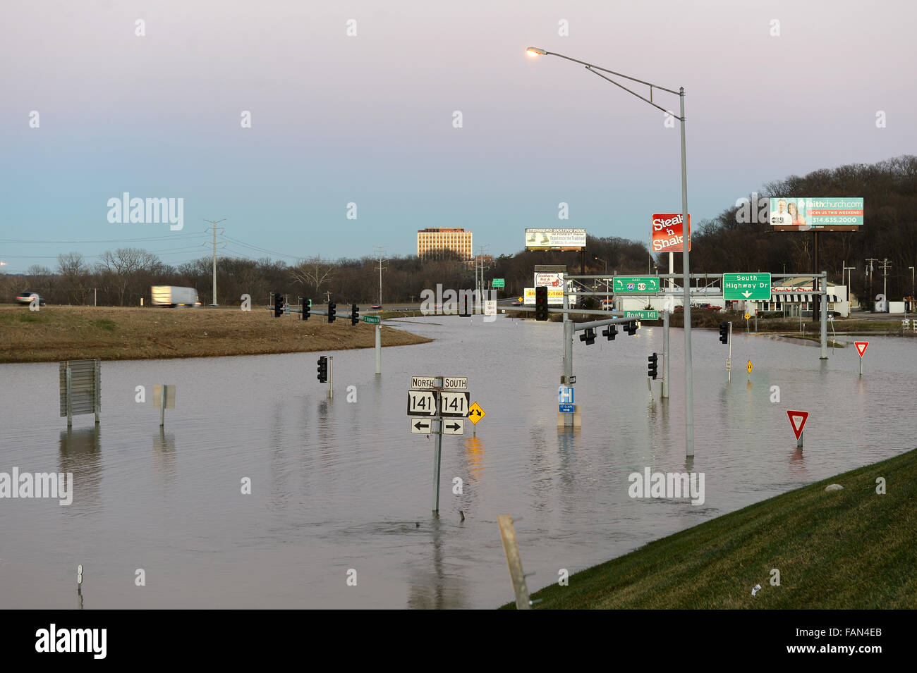 Valley Park, Missouri, USA. 1st January, 2016. Flood waters near the