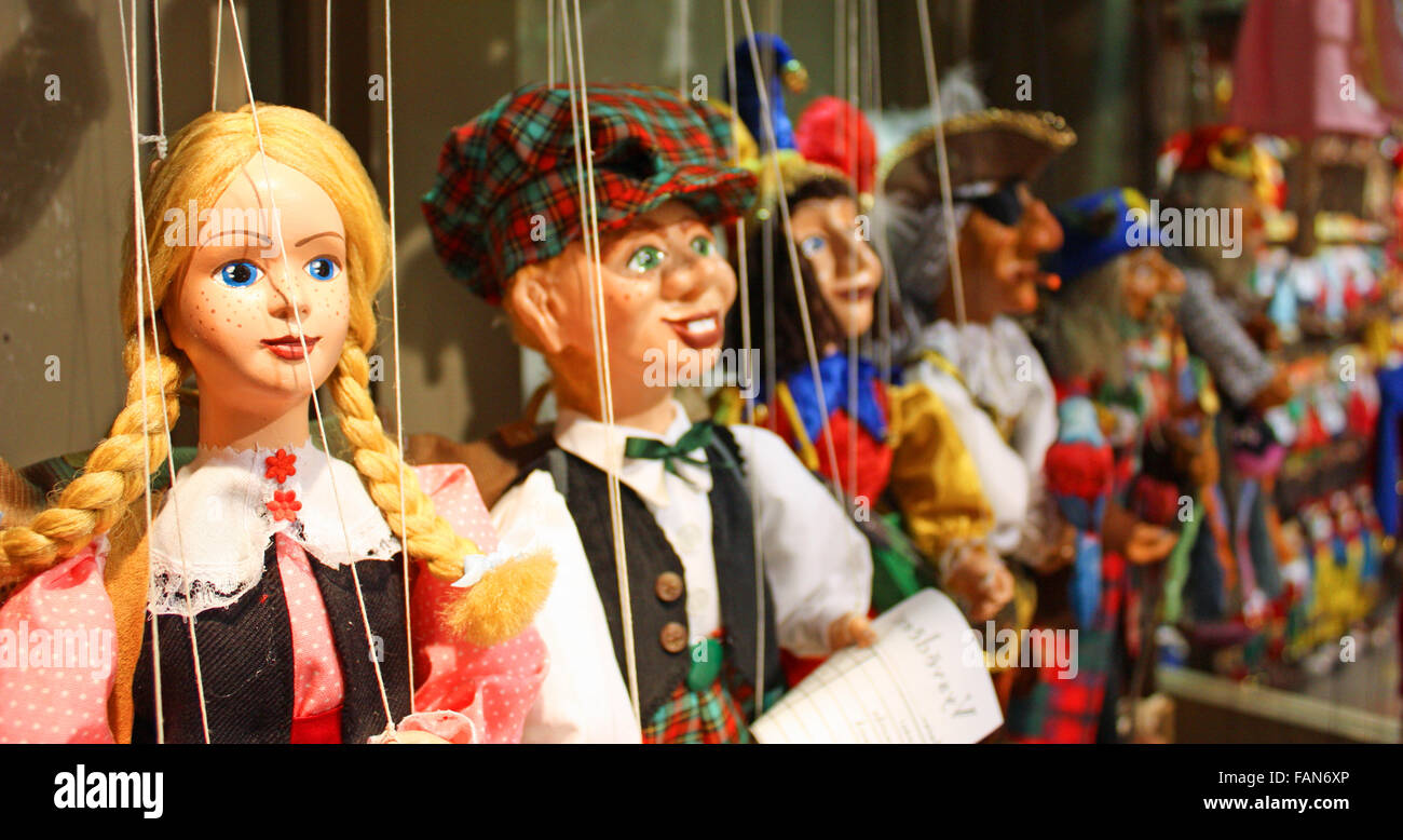 Traditional puppets made of wood. Shop in Prague Czech Republic Stock