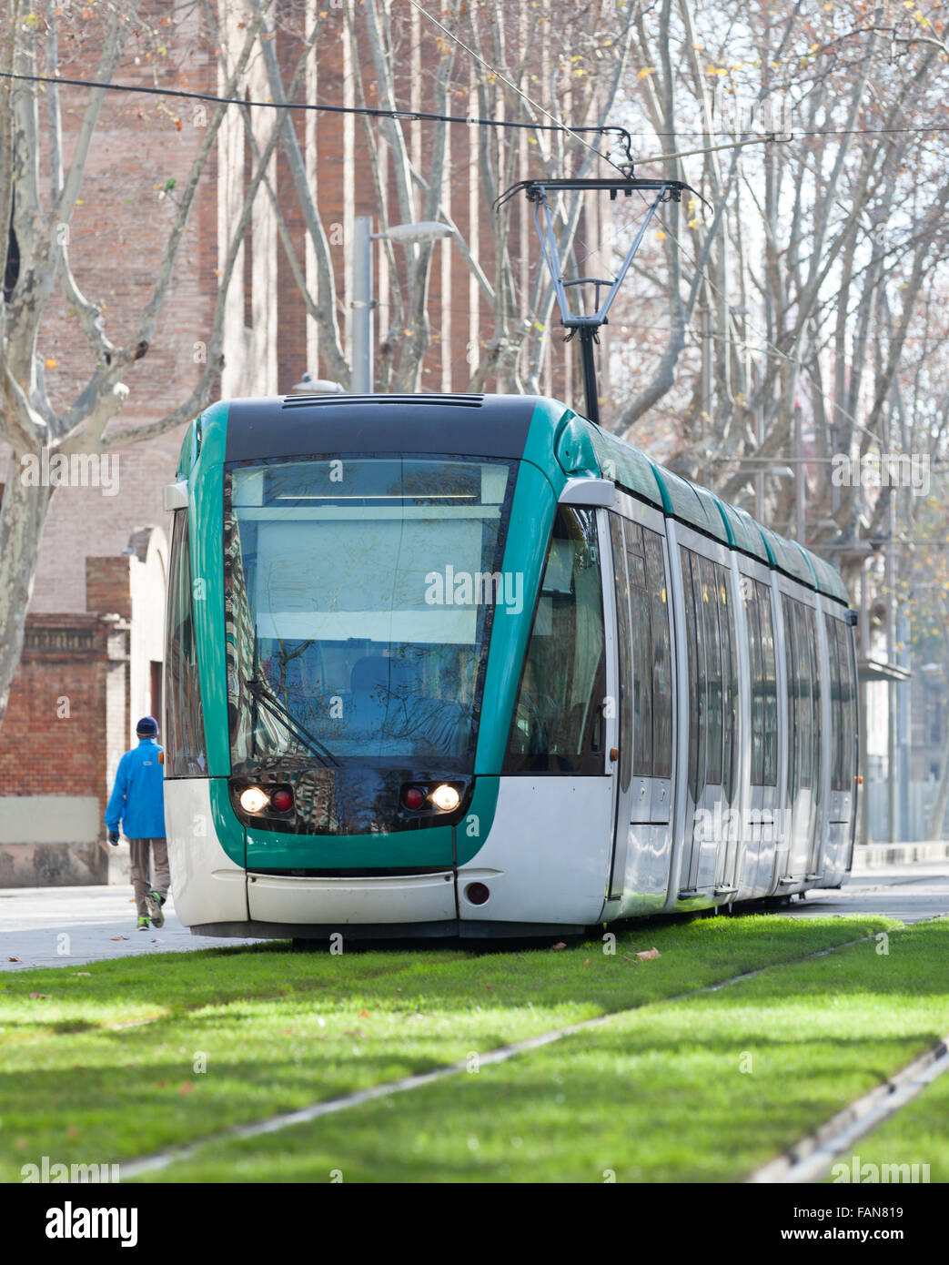 tram on street of  Barcelona, Spain Stock Photo