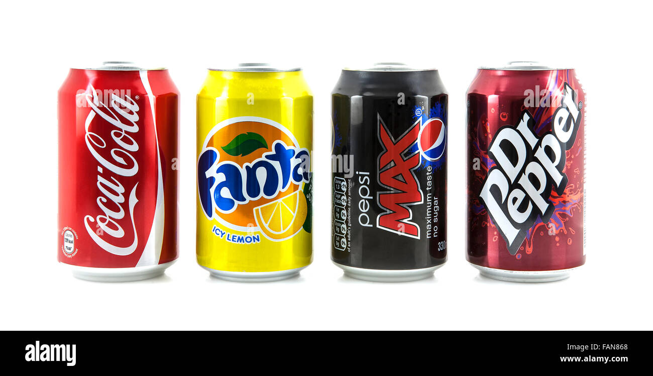 Four Popular drink cans on a white background, Coca-Cola, Fanta, Dr Pepper and  Pepsi represent the World's most popular drinks Stock Photo