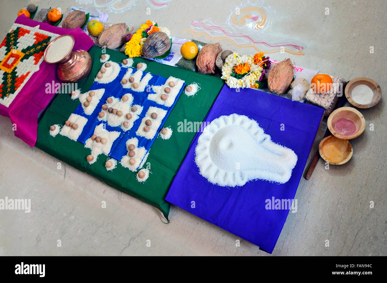 A Hindu pooja set up. Pune, Maharashtra. Stock Photo