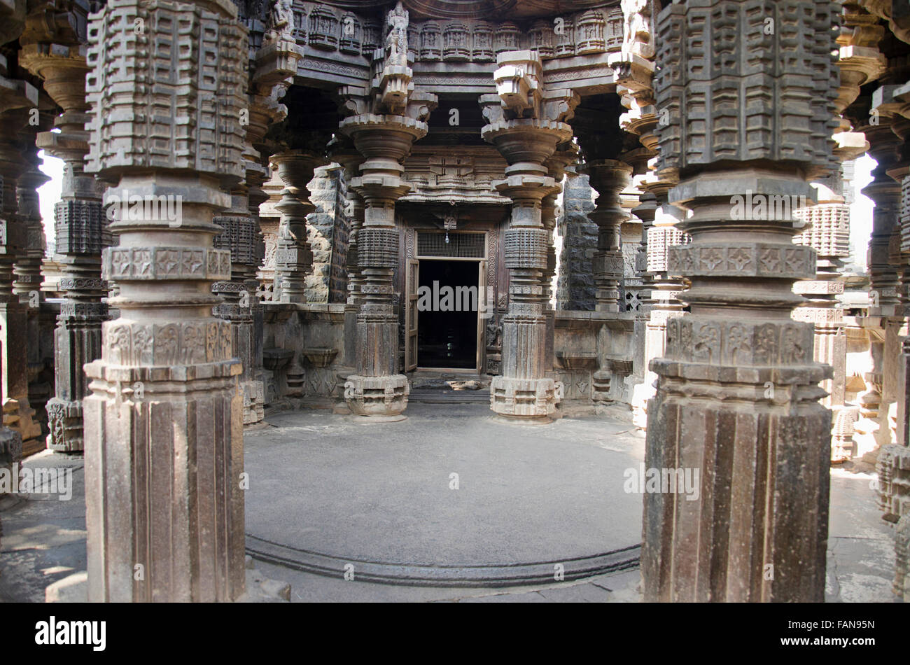 Interior view of mandapa with carved pillars Kopeshwar Temple, Khidrapur, Maharashtra, India Stock Photo