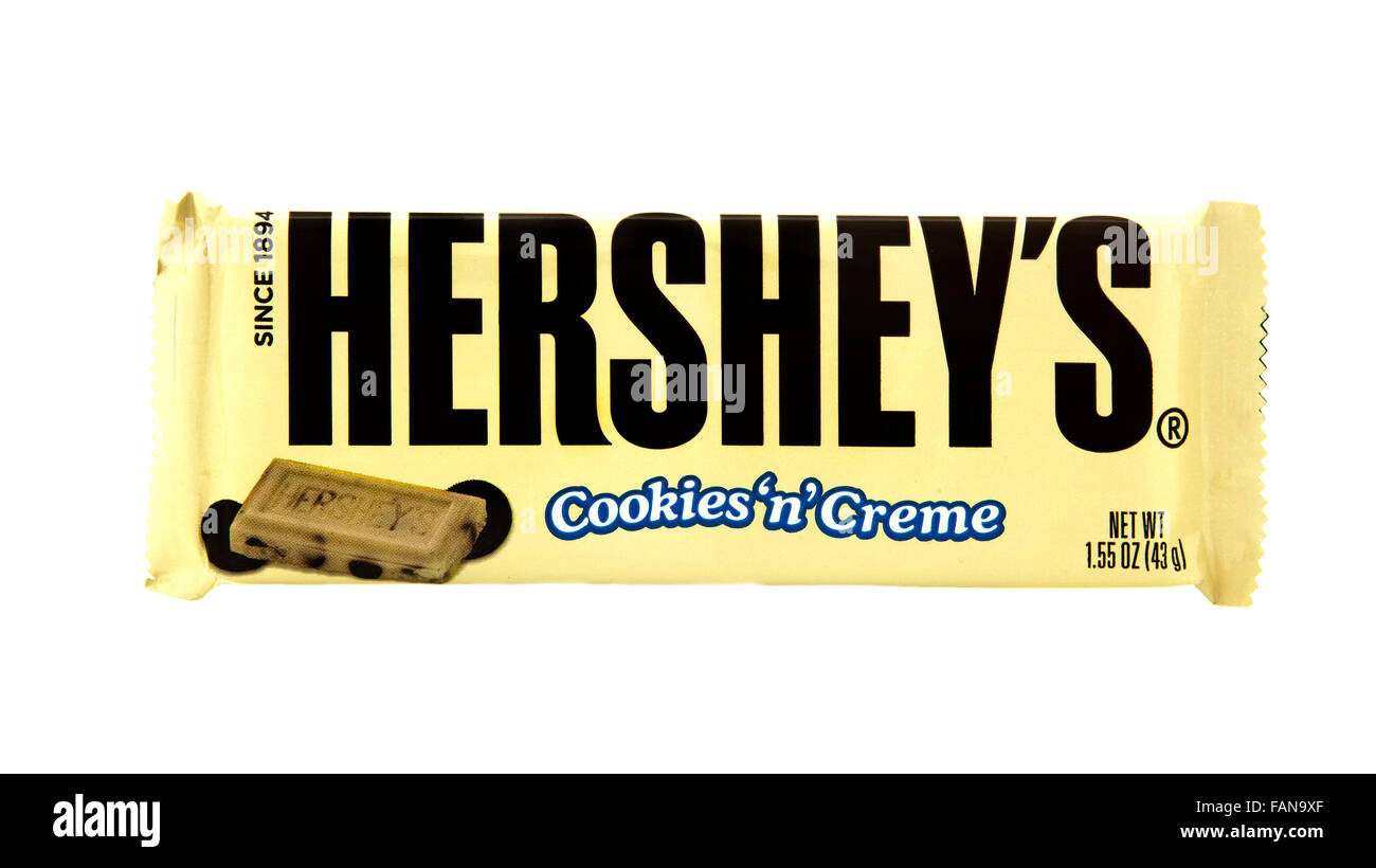 Bar of Hersheys Cookies 'n' Creme Chocolate on a white background Stock Photo