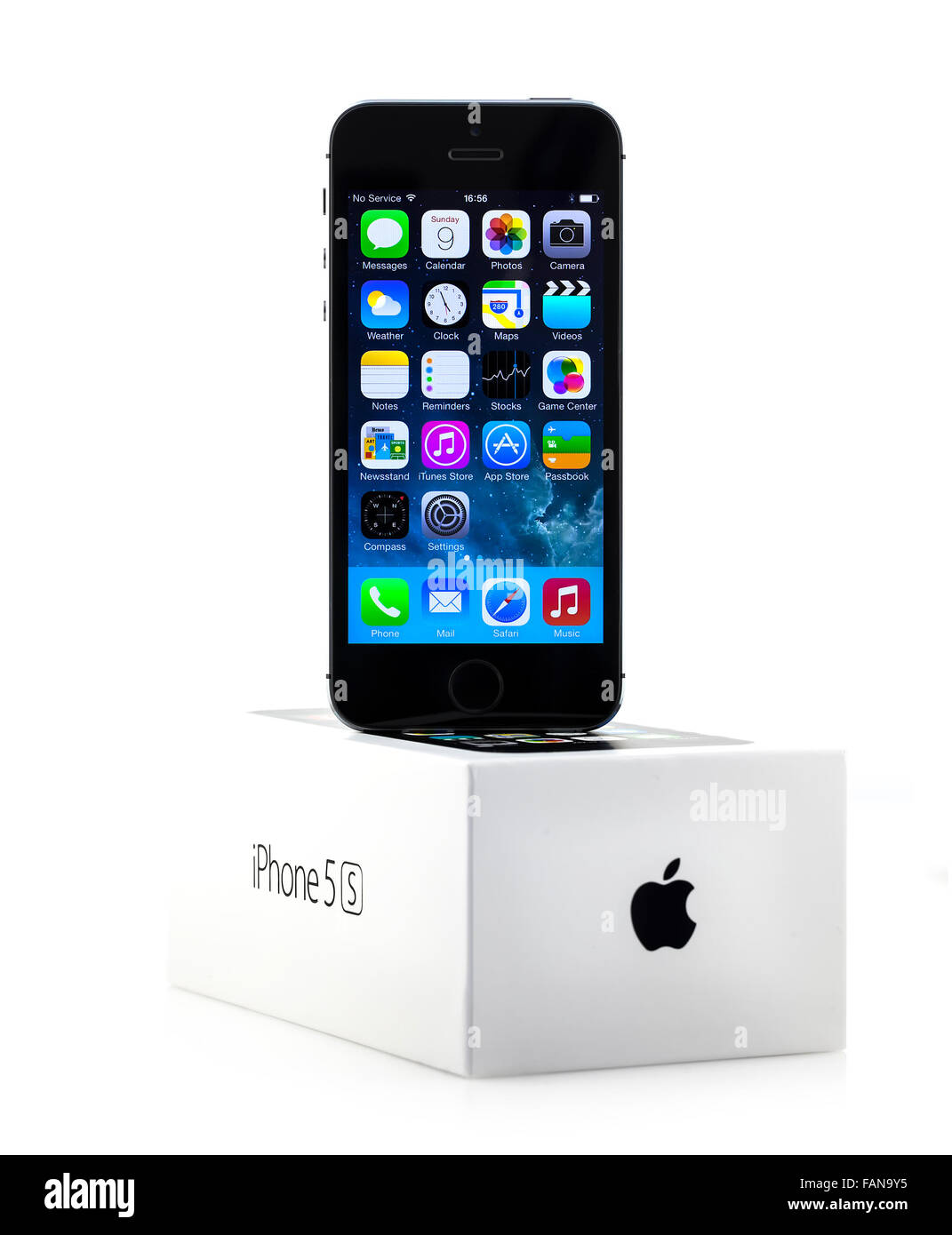 New Apple iPhone 5S in a box over a White Background Stock Photo
