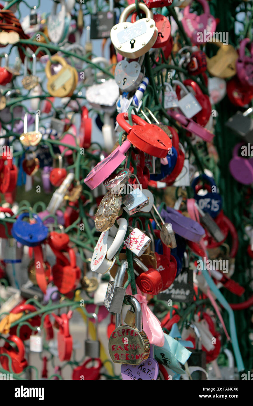 Close up of padlocks on a 'Happiness tree' on Luzhkov Bridge, Moscow, Russia. Stock Photo